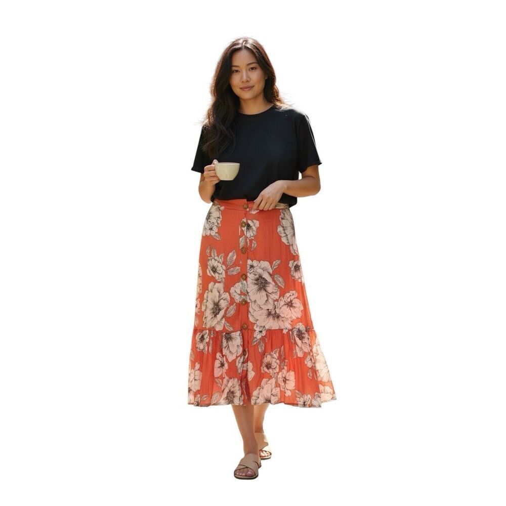 Mlle Gabrielle Coral Floral Button Midi Ruffle Hem Skirt XL Boho Cottagecore